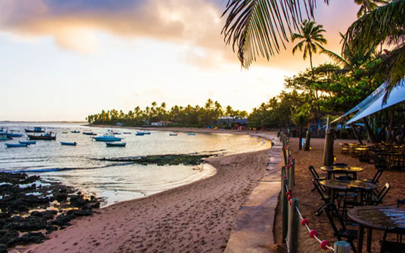 Praia do Forte ao entardecer Fim de tarde na Praia do Forte, com barcos ancorados na enseada e mesas de bar sob os coqueiros